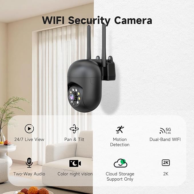JAIOTlink 2K Security Camera Wired, 2.4/5GHz Home WiFi Camera, 360° PTZ Baby Monitor with Color Night Vision, Motion Detection, 2-Way Audio, Compatible with Alexa
