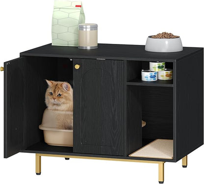 Hzuaneri Cat Litter Box Enclosure Enclosed, Hidden Litter Box Cabinet Furniture with Storage, Wooden Indoor Cat House Large, Modern End Table for Living Room Entryway, Black and Gold CB01504G