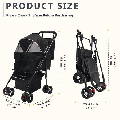 SUNNYFEEL Pet Stroller for Small Dogs and Cats, Iron Two-in-one Split, One-Click Foldable Dog Stroller, Holds up to 45 lbs, Storage Basket & Side Bag, Breathable Mesh, Black-pro