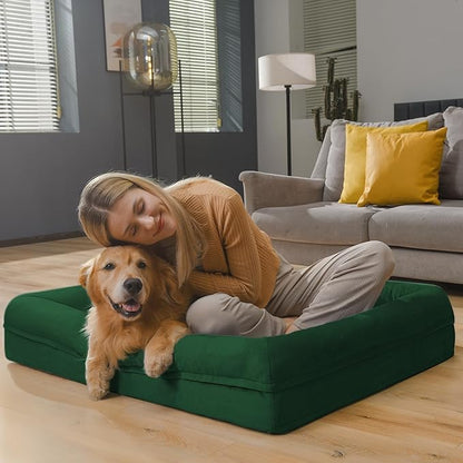 Jumbo Dog Beds for Extra Large Dogs, Waterproof Orthopedic Egg Crate Foam Dog Bed with Removable Bolster Washable Cover, Non-Slip Big Pet Couch for Extra Large Dogs, Emerald