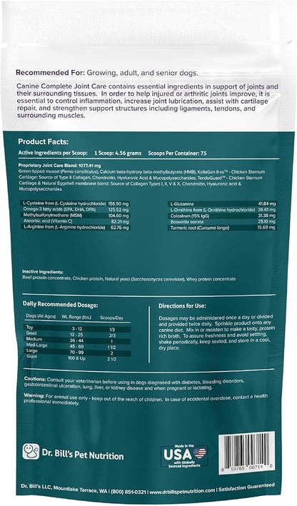 Dr. Bill’s Canine Complete Joint Care – Hip & Joint Supplement for Dogs for Mobility, Muscle Support & Inflammation Relief – Green Lipped Mussel, Chondroitin, Collagen, Omega-3 – Powder, 340g