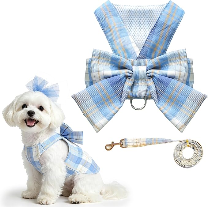 Cute Dog Harness and Leash Set with Bow Tie Soft Mesh Plaid Girl Puppy Harness No Pull Pet Cat Dog Vest Harness for Small Dogs Chihuahua Rabbit Outfit (Blue,S)