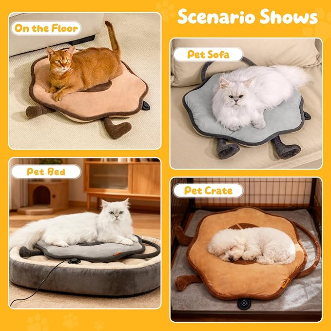 Cat Heating Pad for Indoor Cats Dogs Pressure-Activated Heated Cat Bed for Pets Warming Mat Electric Heated Pads with Removable Cover Adjustable Temp Sunflower Grey 22"X 22"