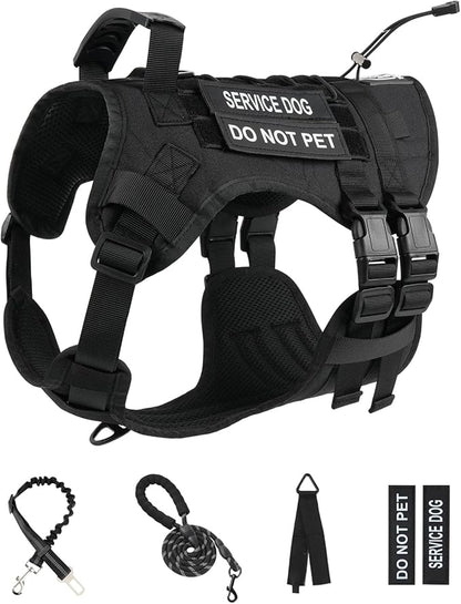 No Pull Tactical Dog Harness for Large Dogs, Escape Proof Molle Dog Vest Harness and Leash Set, Adjustable Military Service Dog Harness with Handle for Medium Large Dogs(Black, L)