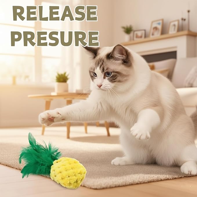 CECE PAW Pineapple Catnip Toys for Indoor Cats, Plush Feather Kicker Toy with Organic Catnip, Interactive Bunny Kick and Bat Toy for Kittens, Soft Curly Fabric
