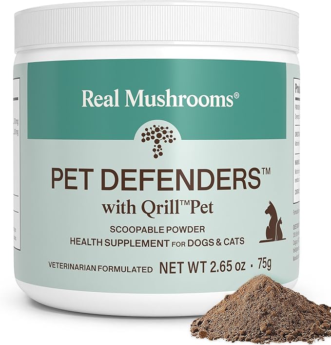 Real Mushrooms Pet Defenders with Krill - Dog Immune Support with Reishi, Turkey Tail, Shiitake, Maitake Organic Mushroom Extracts, Chaga - Daily Digestion and Immune Support for Dogs and Cats, 75g