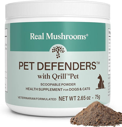 Real Mushrooms Pet Defenders with Krill - Dog Immune Support with Reishi, Turkey Tail, Shiitake, Maitake Organic Mushroom Extracts, Chaga - Daily Digestion and Immune Support for Dogs and Cats, 75g