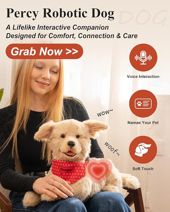 Chongker Interactive Companion Robot Dog Pets, Handmade Weighted Stuffed Animals, Cat Plush Toy with Voice Response, Realistic Heartbeat and Purring