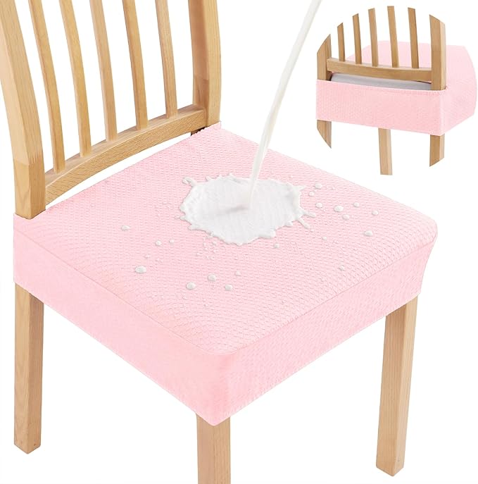 Smiry Waterproof Seat Covers for Dining Room Chairs Set of 8, Stretch Jacquard Removable Washable Chair Seat Slipcovers Protector, No Rear Covers, Blush Pink