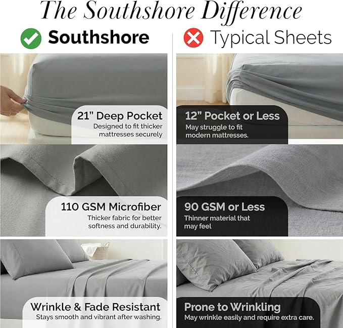 Southshore Fine Living, Inc. 21 Inch King Sheets Deep Pocket Set, 6 Piece Deep Pocket King Sheet Set, Pet Hair Resistant Bedding, Breathable Microfiber Deep Pocket Fitted Sheet - Steel Grey Sheets