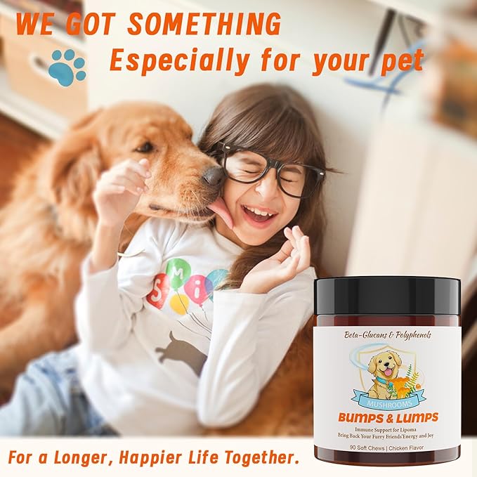 Natural Lipoma Support for Dogs, 7 Organic Mushroom Blend with Beta-Glucans, Boosts Immunity, 1500mg High Potency Turkey Tail, Reishi, Lion's Mane Helps Reduce Lumps & Bumps, 90 Chicken Soft Chews