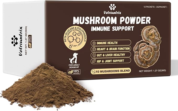 Turkey Tail Mushroom for Dogs, Organic 10 Mushroom Blend for Lipoma Lumps and Bumps, Probiotic Mushroom Powder with 50% β-Glucan for Dogs & Cats, Joint Gut Immune Skin Support - 36g