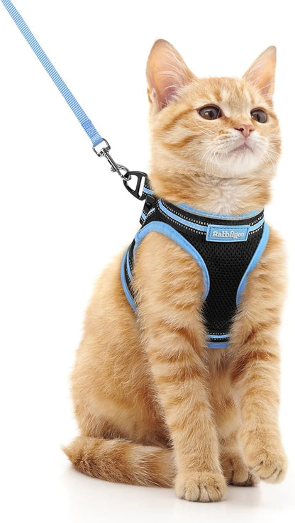 rabbitgoo Cat Harness and Leash Set for Walking Escape Proof, Adjustable Soft Kittens Vest with Reflective Strip for Cats, Comfortable Outdoor Vest, Black & Light Blue, M