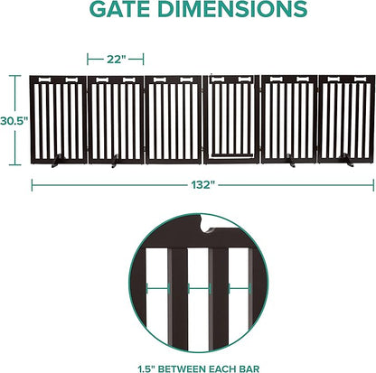 Arf Pets Freestanding Dog Gate with Door, 6 Panel 360° configurable Wooden Fence, 120" Wide, 31.5" Tall, Foldable, Four Support Feet Included, for The House - Indoor Use