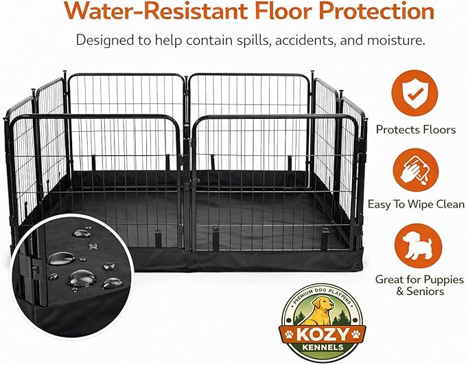 Dog Playpen w/Square Bottom Floor Cover - 40 inch, 8 Panel Portable Black Metal Pet Play Pen for Medium & Large Dogs - Indoor/Outdoor Kennel Cage for Home, Yard, RV, or Camping