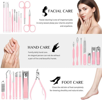 MINKINH 26-Piece Professional Manicure Set，Features Stainless Steel Tools, Carbon Steel Clippers & Travel Case for Women's Home and Travel Grooming，Mother's Day Gifts(Pink)