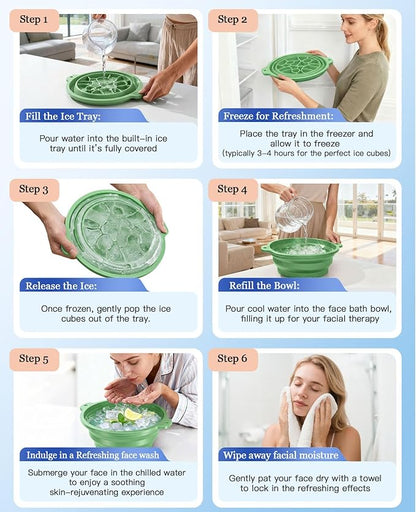 Face Bowl for Ice with Built-in Ice Tray – Collapsible Silicone Facial Ice Bath Bowl for Cold Plunge Therapy, Skin Tightening & Acne Relief – Portable Spa Tool for Home & Travel（Green