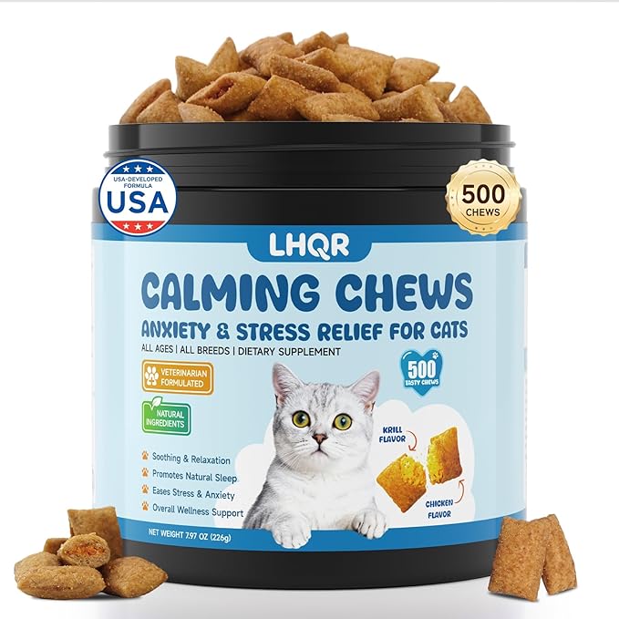 500 Calming Chews for Cats, Helps Reduce Stress with Melatonin, Relaxation for Travel, Boarding,Separation, Grooming Anxiety -with Ashwagandha, Organic Chamomile, L-Theanine & L-Tryptophan Chicken