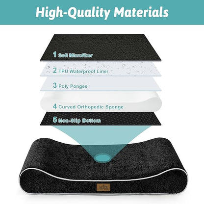 COZY KISS Orthopedic Dog Bed for Medium Dogs up to 65 lbs - Removable Washable Cover with Waterproof Lining & Non-Skid Bottom, Cotton-Polyester Blend Boat-Shaped Lounger Mattress, M(36x24x5.5in)/Black