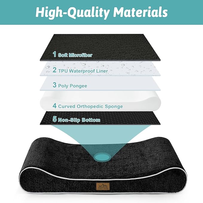 COZY KISS Orthopedic Dog Bed for Large Dogs up to 90 lbs - Removable Washable Cover with Waterproof Lining & Non-Skid Bottom, Cotton-Polyester Blend Boat-Shaped Lounger Mattress, L(45x30x6in), Black