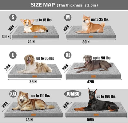 Patas Lague Orthopedic XL Dog Bed Large Sized Dog 48''X30'', Waterproof Soft Comfortable Egg Crate Foam Large Pet Beds Crate Mat with Removable Washable Cover and Nonskid Bottom, Grey