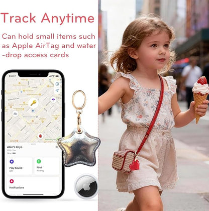Leather Charm Keychain Holder Case Compatible with AirTag,Cute Protective Star-Shaped Cover with Luxe Ring Clip,Finder GPS Tracker Case for Wallet Keys,Bag,Pets(Silvery)