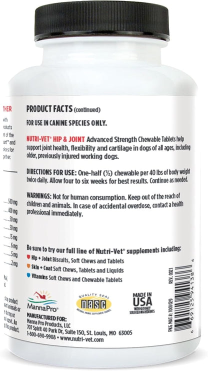 Nutri-Vet Advanced Strength Hip & Joint Chewable Dog Supplements - Formulated with Glucosamine & Chondroitin to Support Dog Cartilage & Mobility - 150 Tablets
