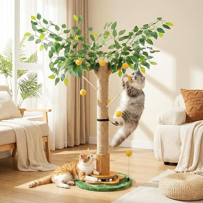 Tall Cat Scratching Post 45 Inch – Heavy Duty Sisal Cat Scratcher for Large Indoor Cats, Stable Base with Hanging Toys & Self Grooming Brush