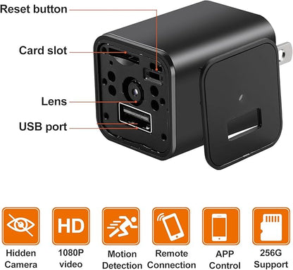 1080P Hidden Camera Charger - WiFi Mini Spy Camera - Compact Wireless Indoor Security Camera - Discreet Tiny Nanny Camwith App Live Feed
