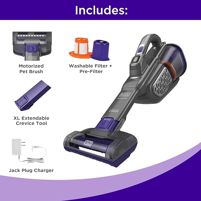 BLACK+DECKER dust buster Handheld Vacuum Cordless, Pet Hair Vacuum, Portable for Home and Car with Pet Brush, Rechargeable, Powerful Suction, Washable Bowl Filter,furbuster AdvancedClean (HHVK515JP07)