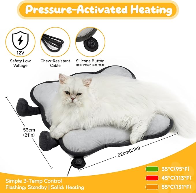 Heated Cat Bed for Indoor Pets Pressure-Activated Cat Heating Pad Extra Large Electric Pet Heated Pad Adjustable Temp Pet Heating Pads with Removable Cover Biscuits Grey 21"X 21"