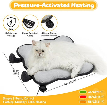 Heated Cat Bed for Indoor Pets Pressure-Activated Cat Heating Pad Extra Large Electric Pet Heated Pad Adjustable Temp Pet Heating Pads with Removable Cover Biscuits Grey 21"X 21"