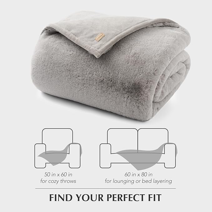 EVERGRACEHOME Luxury Soft Faux Chinchilla Fur Throw Blanket for Couch, Warm Thick Heavy Winter Throw Blanket 1220GSM for Bed, Fluffy Cozy Mink Blanket with Reversible Velvet, Silver Taupe, 60"x80"