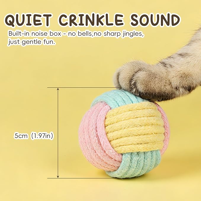 Crinkle Cat Chew Toy Balls 6-Pack with Rope - Indestructible & Quiet for Indoor Cats & Kittens - Soft, Durable Cat Enrichment Toys Promotes Dental Health, Interactive Play for Bored Cats