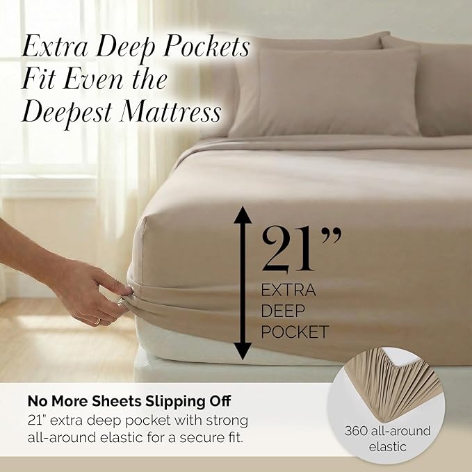 Southshore Fine Living, Inc. 21-Inch Extra Deep Pocket Cal King Sheet Set, 6-Piece California King Sheets Deep Pocket, Pet Hair Resistant Bedding, Taupe Pillow Cases Set of 4, Taupe Sheets Set