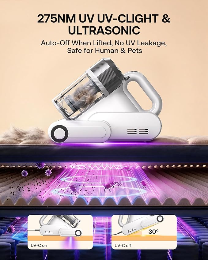 Trucozie Mattress Vacuum Cleaner, 16Kpa Bed Vacuum with Smart Dust Sensor, Anion & Aromatherapy, 275nm UV Light, 149℉ Heat & Ultrasonic & Tapping, Corded for Bed Sofa Couch Pet Hair, White