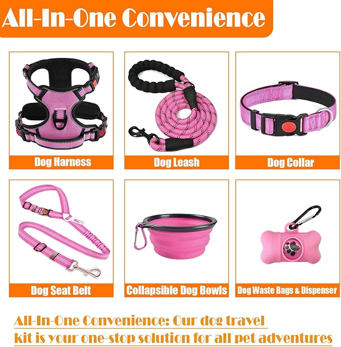 LOBEVE No Pull Dog Harness, Collar & Leash Set | Includes Dog Seat Belt, Collapsible Bowls & Poop Bag Dispenser. Ideal for Training, Walking, Hiking. Fits Small to Large Dogs(Pink-XL)