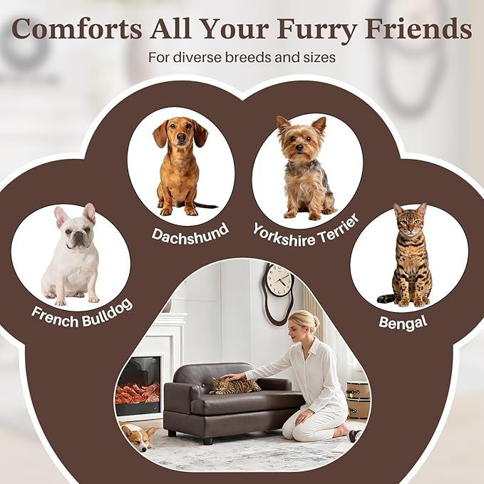 Luxury Dog Sofa Bed Elevated Pet Couch with Durable Waterproof Leather & Orthopedic Sponge - Modern Furniture Style Dog Lounge & Pet Bedside Step for Small/Medium Dogs/Cats, Brown