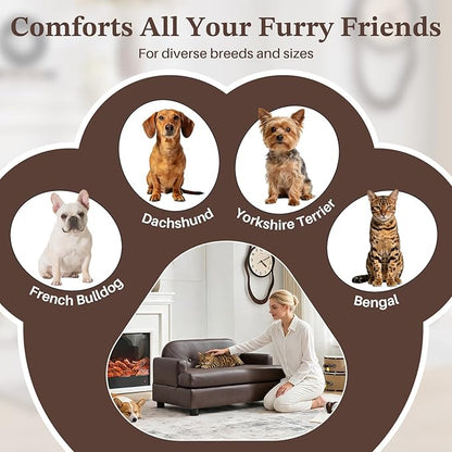 Luxury Dog Sofa Bed Elevated Pet Couch with Durable Waterproof Leather & Orthopedic Sponge - Modern Furniture Style Dog Lounge & Pet Bedside Step for Small/Medium Dogs/Cats, Brown