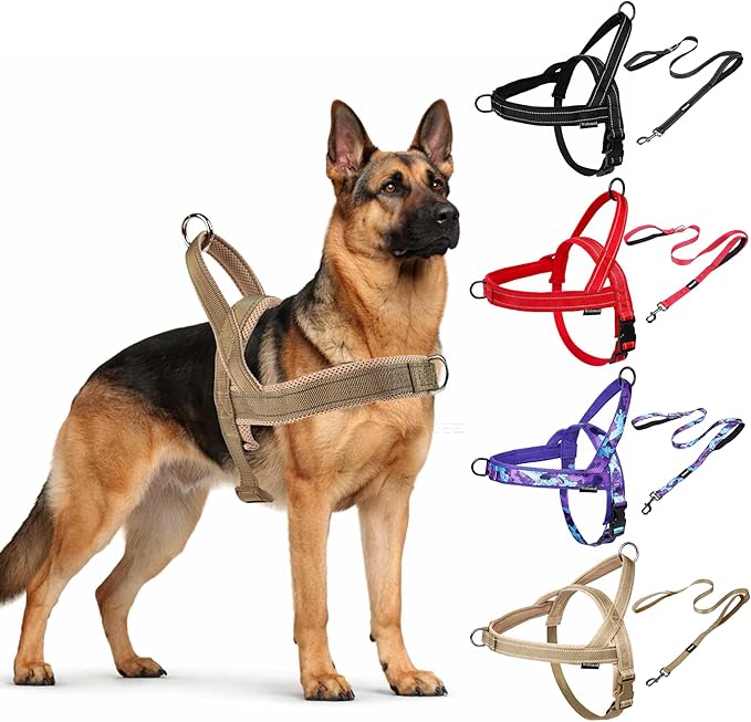 No Pull Dog Harness and Leash Set-Reflective Vest with Handle&5FT Dog Leash with Car Seatbelt Clip,Breathable Mesh&Quick Fit Dog Harness Easy for Medium Large Dogs Training Walking (Brown,S)