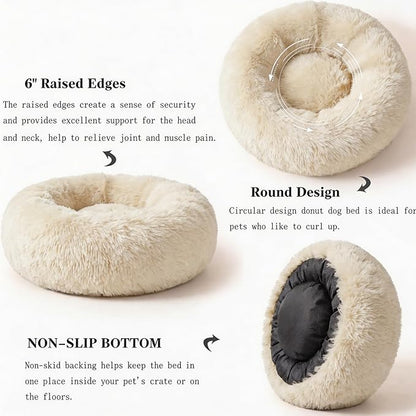 Calming Donut Dogs Beds for Small Dogs Washable,19inch Fluffy Round Puppy Bed for Puppies,Cats & Toy Breeds with Raised Rim,Fits up to 15 lbs Pets,Beige