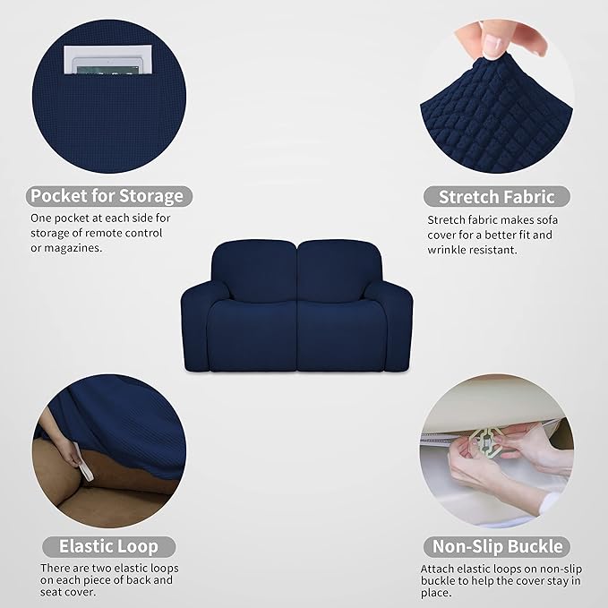 Easy-Going 100% Dual Waterproof Recliner Loveseat Cover, 6-Pieces Stretch Relining Sofa Cover with Pocket, Jacquard 2 Seat Sofa Slipcover Leakproof Washable (Loveseat, Navy)