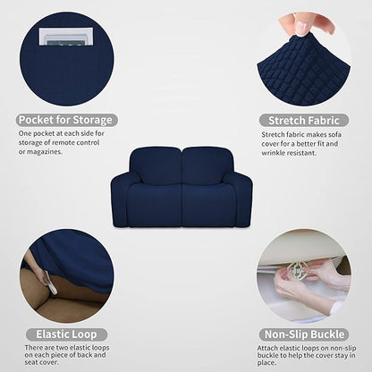 Easy-Going 100% Dual Waterproof Recliner Loveseat Cover, 6-Pieces Stretch Relining Sofa Cover with Pocket, Jacquard 2 Seat Sofa Slipcover Leakproof Washable (Loveseat, Navy)