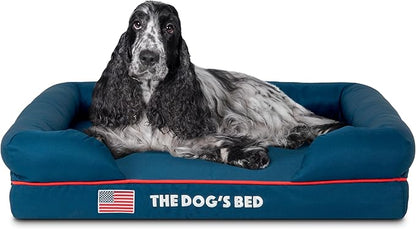 The Dog’s Bed Orthopedic Memory Foam Dog Bed with Bolsters for Medium Dogs, High Density Support Mattress, Low Front Entry, Removable Washable Cover, Oxford Fabric, Blue with Dark Red Trim, Medium