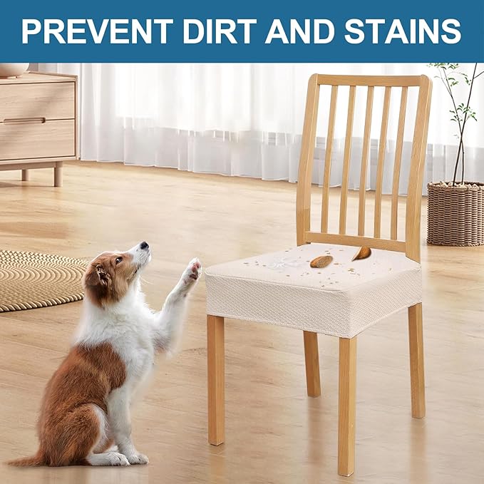 Smiry Waterproof Seat Covers for Dining Room Chairs Set of 8, Stretch Jacquard Removable Washable Chair Seat Slipcovers Protector, No Rear Covers, Beige