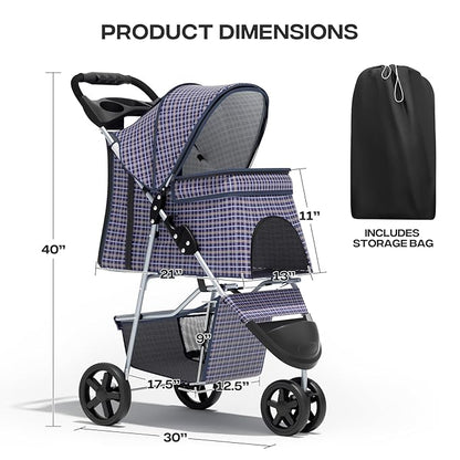 Pet Stroller for Small Dogs 10 lbs, Dog Stroller for Medium Dogs 30 lbs, Cat Strollers for 2 Cats, 3 Wheels Foldable Jogger Puppy Stroller with Storage Basket and Cup Holder, Plaid