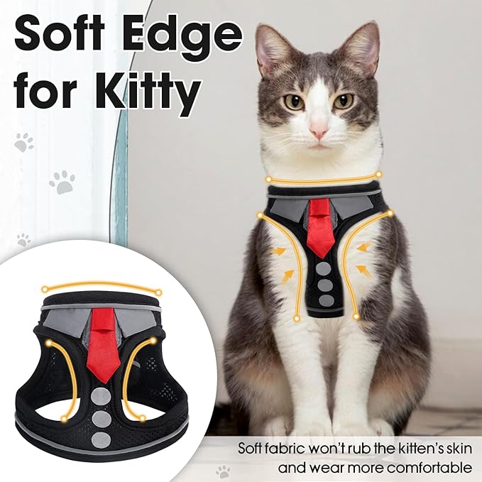 Cat Harness and Leash Set for Walking Escape Proof, Soft Adjustable Kitten Harness Breathable Mesh with Reflective Strips Harness for Kitty Puppy Bunny (Black, Medium)