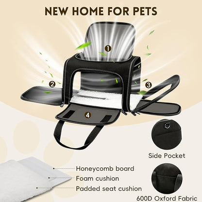 Cat Carrier Soft, Dog Carriers for Small Dogs/Large Cats (Up to 16lbs), with High Breathability, Shoulder Strap, Removable Pad, Pet Carrier Airline Approved, for Home Outdoor Travel (Black)