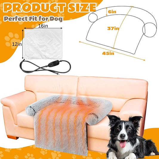 Heated Dog Couch Bed for Large Size Dog Adjustable Temperature & Timer 45 x 37 x 6 in Calming Plush Fur Pet Bed Couch Cover with Electric Heating Pad Fluffy Plush Sofa Mat for Large Medium Dogs Cats
