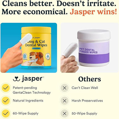 Jasper Dog Dental Wipes, Vet-Recommended Natural Cat & Dog Teeth Cleaning Wipes Dog Teeth Cleaner, Disposable Wipes Fresh Breath PlaqLift Technology Attacks Plaque and Buildup, Coconut, 60 Count